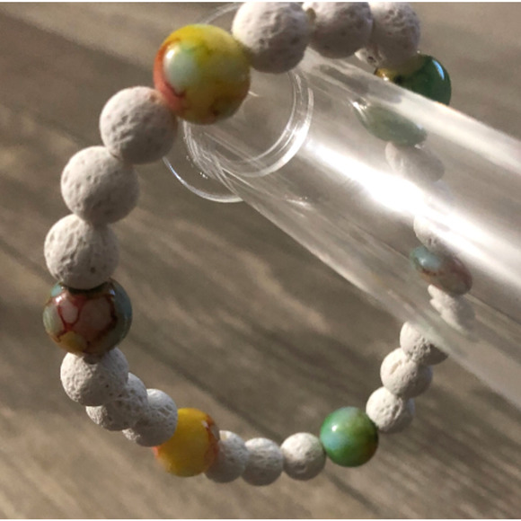 Handmade white Lava beads stretch bracelet with marble beads - Picture 2 of 3